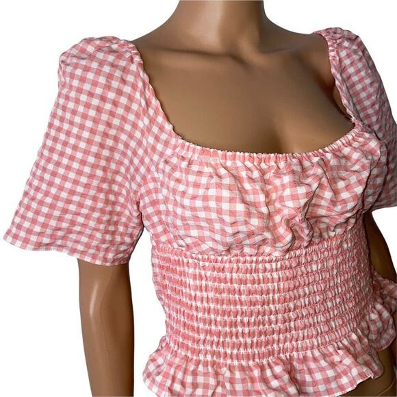 New BCBGeneration Smocked Gingham Top SZ L pink and white NWT checkered - Picture 2 of 14